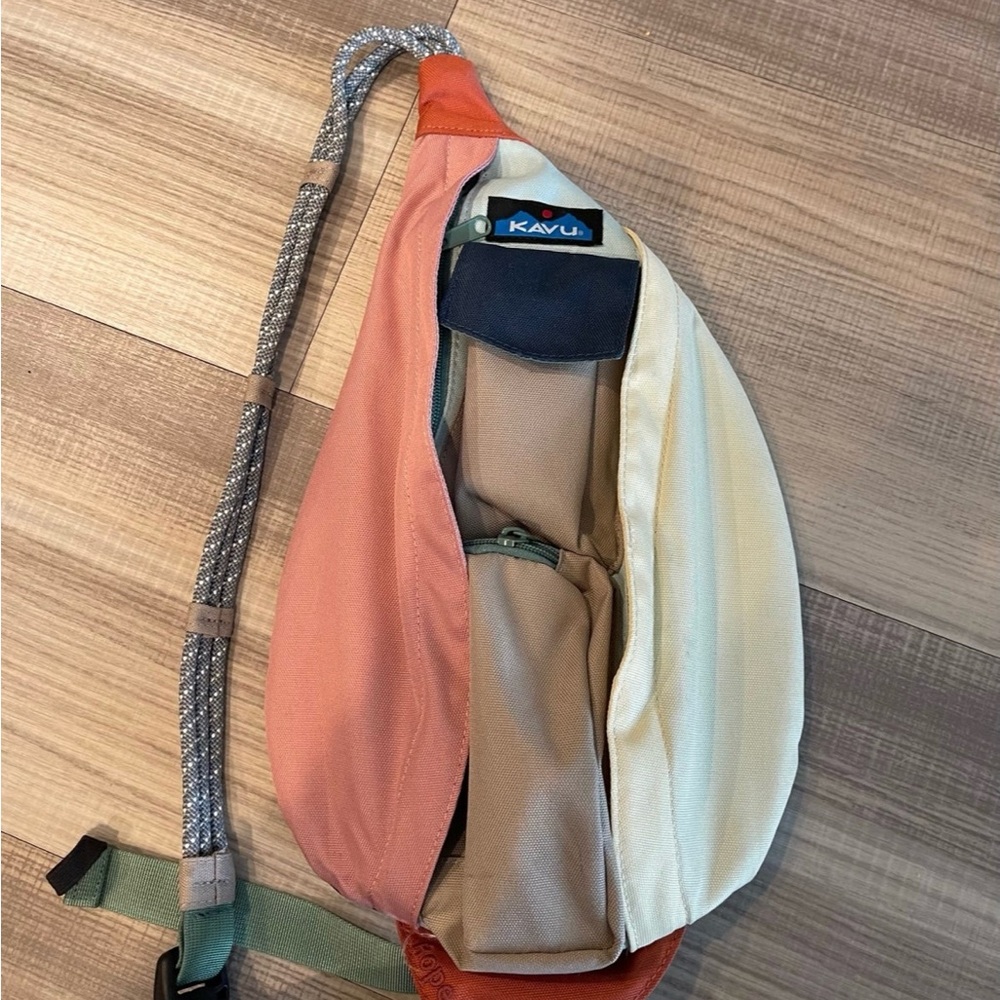 KAVU Mini Rope Sling Bag in Coral and Beige “Snow Cone”